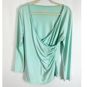 Soft Surroungings Womens Faux Wrap Top Aqua Light Blue Shirt Long Sleeve Large